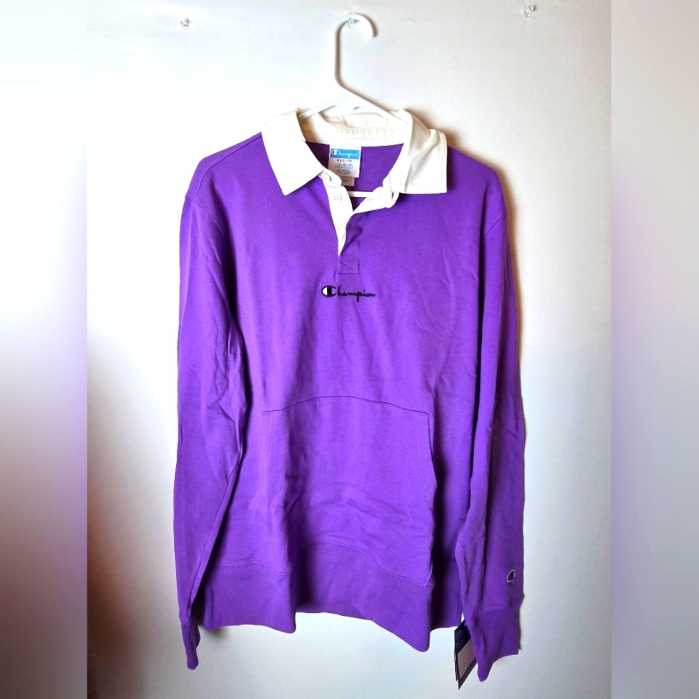 Champion Purple Long Sleeve Polo Shirt Size MEDIUM